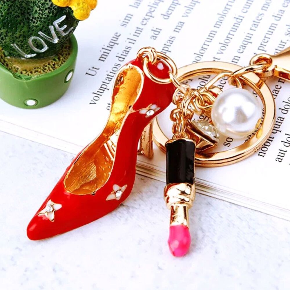 Red High Heel Lipstick Keychain Bag Charm Pearl Rhinestone Gold Tone Luxe NEW